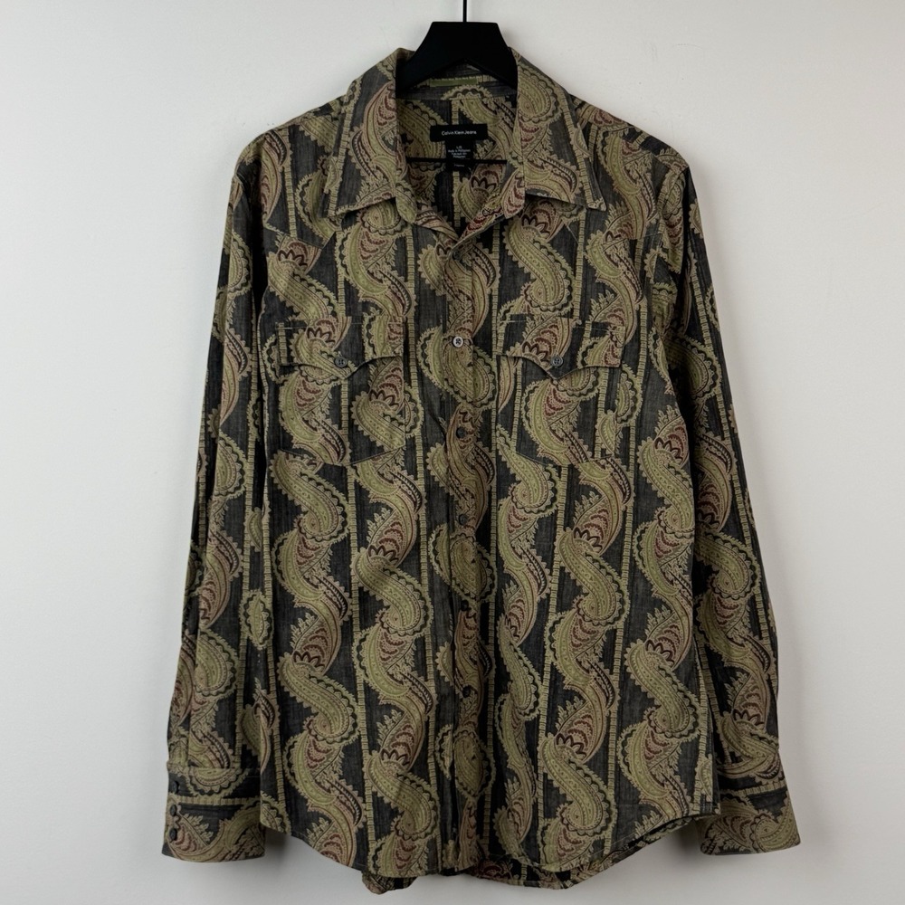 VTG Calvin Klein Shirt Mens L Multicolor Paisley Western Camp Casual Long Sleeve